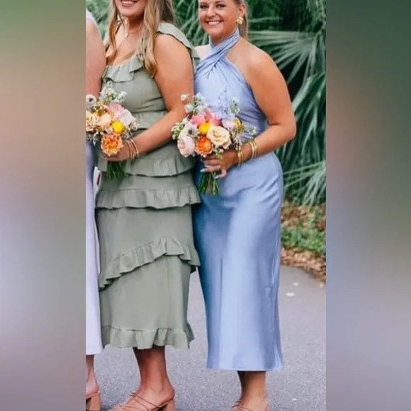 Show Me Your MuMu Light Blue Satin Twist-Halter Midi Dress - Picture 4 of 9